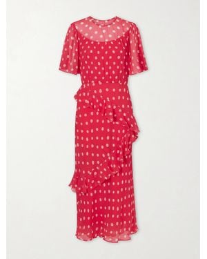 Saloni Vida E Ruffled Polka-Dot Silk-Blend Crepon Midi Dress - Red