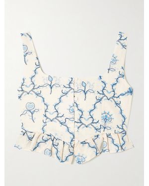 Agua Bendita Eslabón Floritura Cropped Embroidered Linen Peplum Top - White