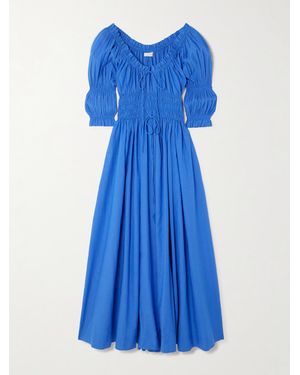 Doen Ischia Shirred Organic Cotton-Blend Voile Midi Dress - Blue