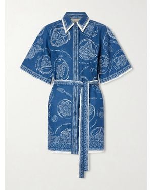 ALÉMAIS Lucky Belted Printed Linen Mini Dress - Blue