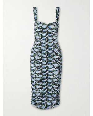 Carolina Herrera Robe Midi Froncée En Jersey Stretch À Imprimé Fleuri - Bleu