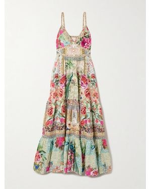 CAMILLA Maxikleid Aus Leinen Mit Blumenprint Und Kristallen - Weiß