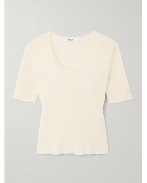 Chloé Picot-Trimmed Ribbed Cotton-Blend Bouclé T-Shirt - Natural