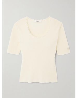 Chloé T-Shirt Aus Geripptem Bouclé Aus Einer Baumwollmischung Mit Picot-Besatz - Natur