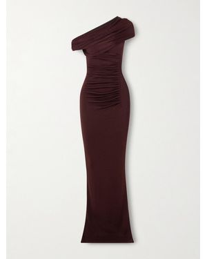Self-Portrait Off-The-Shoulder Draped Knitted Maxi Dress - Purple