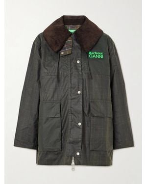 Barbour Ganni Hooded Corduroy-Trimmed Checked Waxed-Cotton Jacket - Black