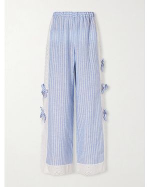Loretta Caponi Clarissa Bow-Embellished Striped Broderie Anglaise-Trimmed Linen Straight-Leg Pants - Blue