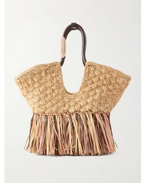 Zimmermann Goldentime Large Embellished Leather-Trimmed Fringed Raffia Tote - Natural
