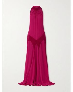 McQueen Cotton Velvet-Trimmed Gathered Silk-Georgette Turtleneck Gown - Pink