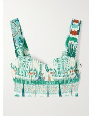 Emporio Sirenuse Dalia Cropped Shirred Printed Cotton Bustier Top - Green