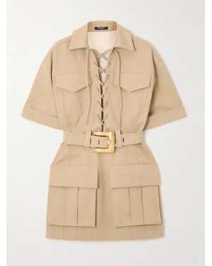 Balmain Belted Cotton-Gabardine Mini Dress - Natural