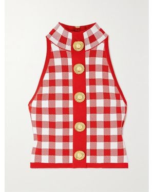 Balmain Cropped Button-Embellished Gingham Knitted Top - Red