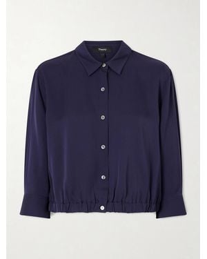 Theory Gathered Crop Silk-Crepe Shirt - Blue
