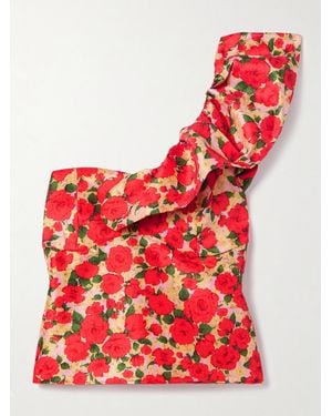 Kika Vargas Yazmeen One-Shoulder Ruffled Floral-Print Taffeta Top - Red