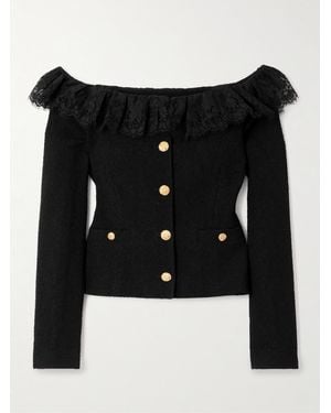 Alessandra Rich Off-The-Shoulder Crystal-Embellished Lace-Trimmed Wool-Blend Tweed Jacket - Black
