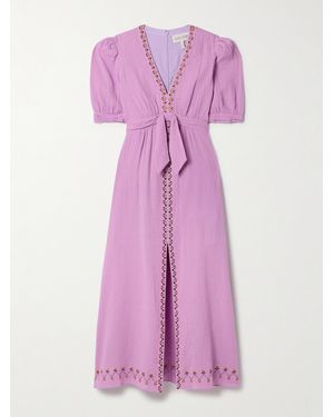 Saloni Robe Midi En Crépon De Coton À Broderies Et À Nœud Jamie - Violet