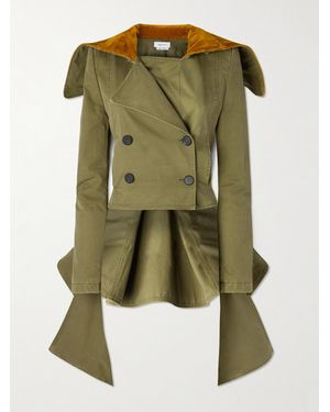 McQueen Asymmetrische, Doppelreihige Jacke Aus Twill Und Samt Aus Baumwolle - Grün