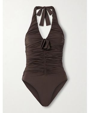 Maygel Coronel Yojaira Appliquéd Ruched Halterneck Swimsuit - Brown