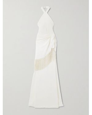 Taller Marmo Meteora Tasseled Layered Crepe Halterneck Gown - White