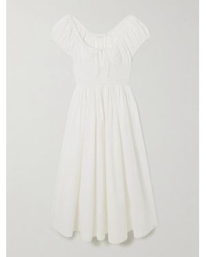 Doen Quinn Tie-Detailed Shirred Organic Cotton-Poplin Midi Dress - White