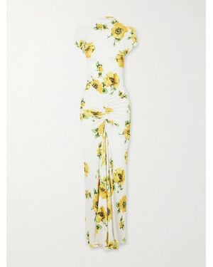 Alaïa Floral-Print Jersey Draped Maxi Dress - Metallic