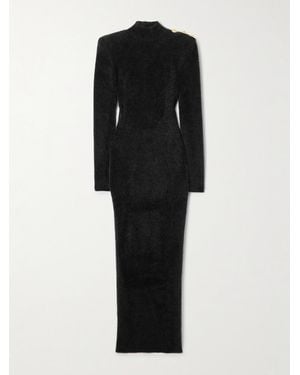 Balmain Button-Embellished Open-Back Brushed Knitted Midi Dress - Black