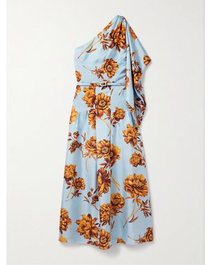 Oscar de la Renta One-Shoulder Belted Draped Floral-Print Silk-Twill Midi Dress - White