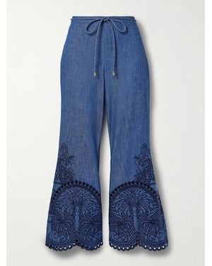 Zimmermann Coco Belted Embroidered Cotton-Chambray Flared Trousers - Blue