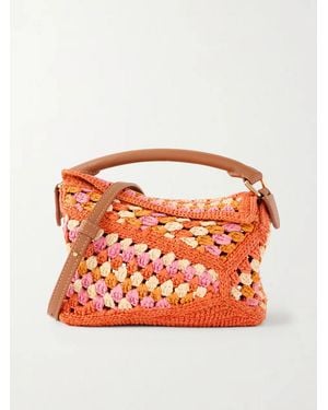 Loewe Paula's Ibiza Puzzle Edge Mini Leather-Trimmed Crocheted Raffia Shoulder Bag - Orange