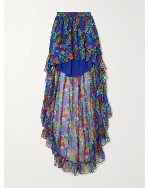 Caroline Constas Della Asymmetric Ruffled Floral-Print Silk-Chiffon Maxi Skirt - Blue