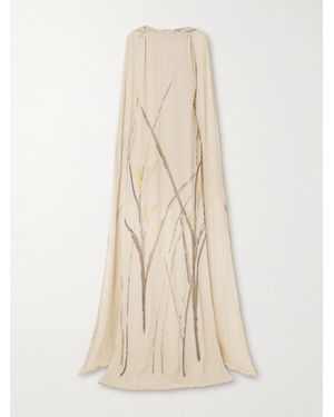 BERNADETTE Minnie Cape-Effect Sequin-Embellished Printed Crepe De Chine Gown - Natural