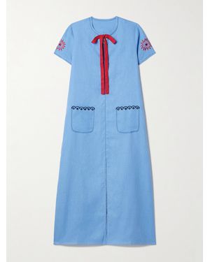 Sleeper Petra Midikleid Aus Leinen Mit Einsätzen Aus Lochstickerei Und Stickereien - Blau