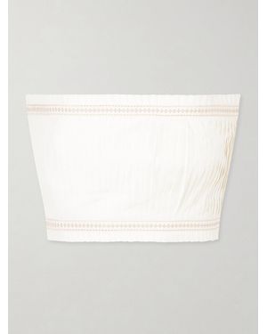 Emporio Sirenuse Flavia Strapless Cropped Embroidered Pleated Cotton-Blend Top - White