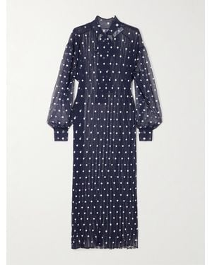 Marie Adam-Leenaerdt Polka-Dot Chiffon-Trimmed Ribbed-Knit Midi Dress - Blue