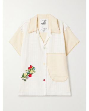 Thank You Have A Good Day Appliquéd Frayed Two-Tone Linen Shirt - Natural