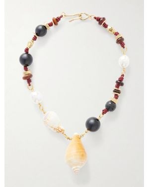 Tohum Design Samsara-Plated, Onyx, Leather And Seashell Beaded Necklace - Natural