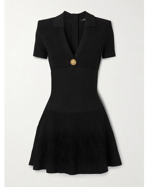 Balmain Button-Embellished Ribbed Knit Mini Dress - Black