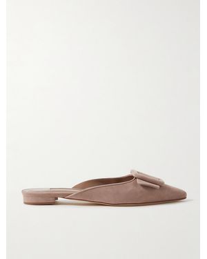 Manolo Blahnik Maysale Buckled Suede Point-Toe Flats - Grey