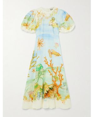 ALÉMAIS Sam Pauletto Emerald Cove Gathered Printed Linen-Gauze Midi Dress - Gelb