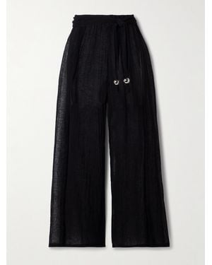 Lisa Marie Fernandez Embellished Belted Crinkled Linen-Blend Gauze Wide-Leg Trousers - Black