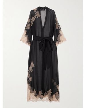 Carine Gilson Lace-Trimmed Silk-Chiffon Robe - Black