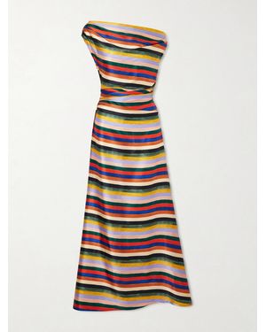 STAUD Phare One-Shoulder Draped Striped Silk-Blend Satin Maxi Dress - White