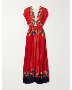 La DoubleJ Accordion Pleated Floral-Print Crepe De Chine Maxi Dress - Red