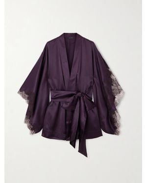 Carine Gilson Belted Lace-Trimmed Silk-Satin Robe - Purple