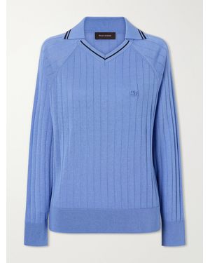 Wales Bonner Roots Logo-Embroidered Striped Polo Shirt - Blue