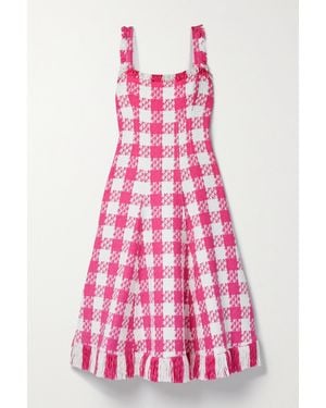 Oscar de la Renta Fringed Checked Cotton-Blend Tweed Midi Dress - Pink