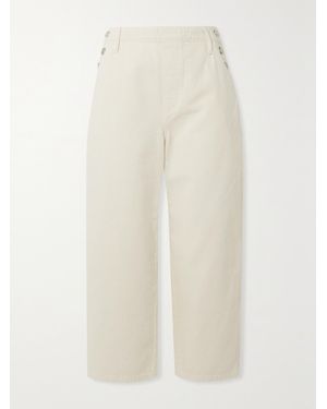 FRAME Cropped Button-Embellished Cotton-Twill Wide-Leg Trousers - White