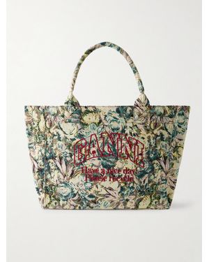 Ganni Shopper Xxl Reversible Embroidered Jacquard Tote - Green