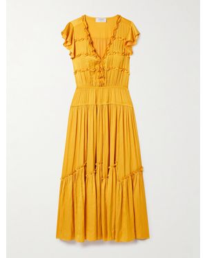 La Ligne Pintucked Ruffled Satin Midi Dress - Yellow