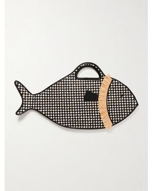 STAUD Cleo Fish Woven Leather And Raffia Tote - Black